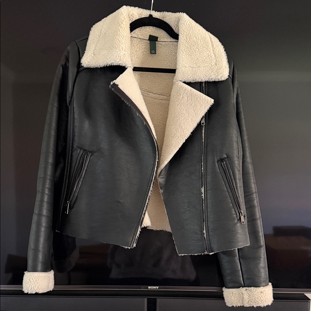Black Faux Leather Sherpa Lined Moto Jacket - Women
